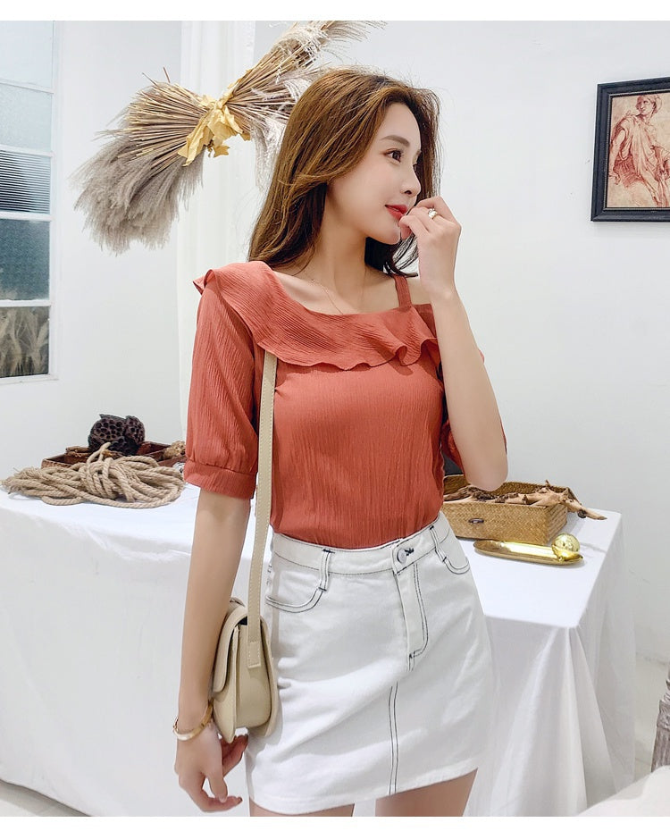 Women's Shirt Tops Fashion One-Shoulder Ruffles Short-sleeved Tops Chiffon Tops S-XXL