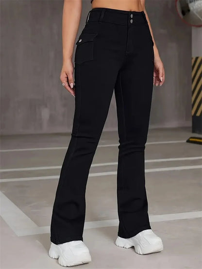 New Women's Streetwear Vintage Fashion Skinny Jeans Classic Black Goth Flare Pants High Waist Designer Bell Bottom Trousers