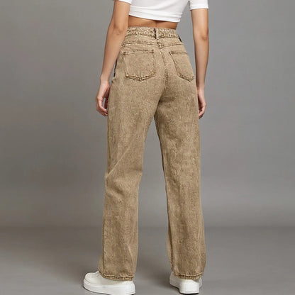 Women'S Straight Jeans Solid Color Distressed High Waist Design Retro Trousers American Hot Girl Style Pants Daily Street Wear