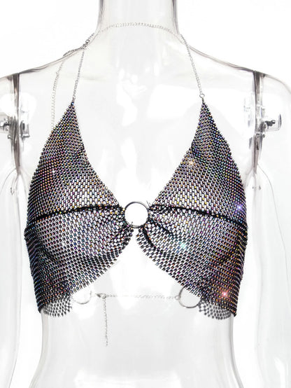 Sexy black White Summer crop top women festival Beach club outfits Party tank top t shirt woman Halter Rhinestones tops topy Hot