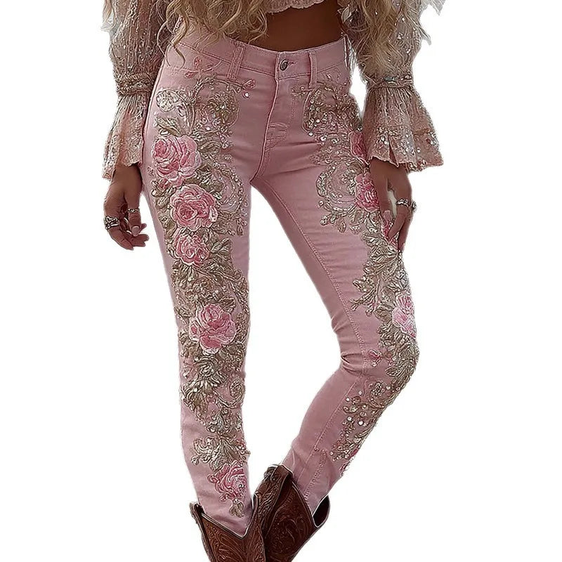 Women's Fashion Casual 3D Floral Print Straight Jeans Denim Bottoms