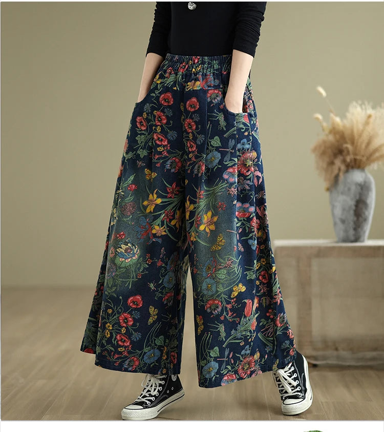 Jeans Flower Floral Print Autumn Wide Leg Pant Women Loose Pleated Fashion Ladies Oversized Trousers Elastic Waist Woman Pants
