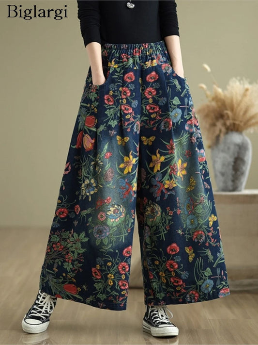 Jeans Flower Floral Print Autumn Wide Leg Pant Women Loose Pleated Fashion Ladies Oversized Trousers Elastic Waist Woman Pants