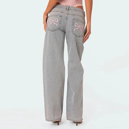 Blue Jeans for Women Pink Bow Embroidery Jeans Y2K Straight High Waist Vintage Casual Trousers Female Wide Leg Designer Pants
