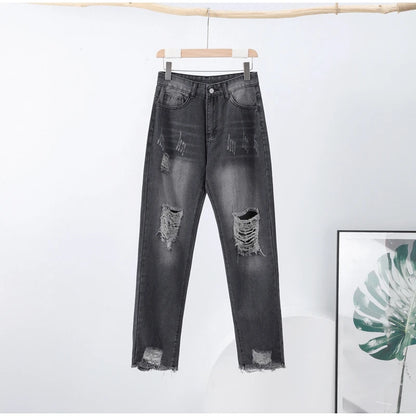 Casual Straight Jeans Women High Waisted Washed Skinny Ripped Slim Denim Pants 2025 Autumn Fashion Trend Commute Lady Trousers