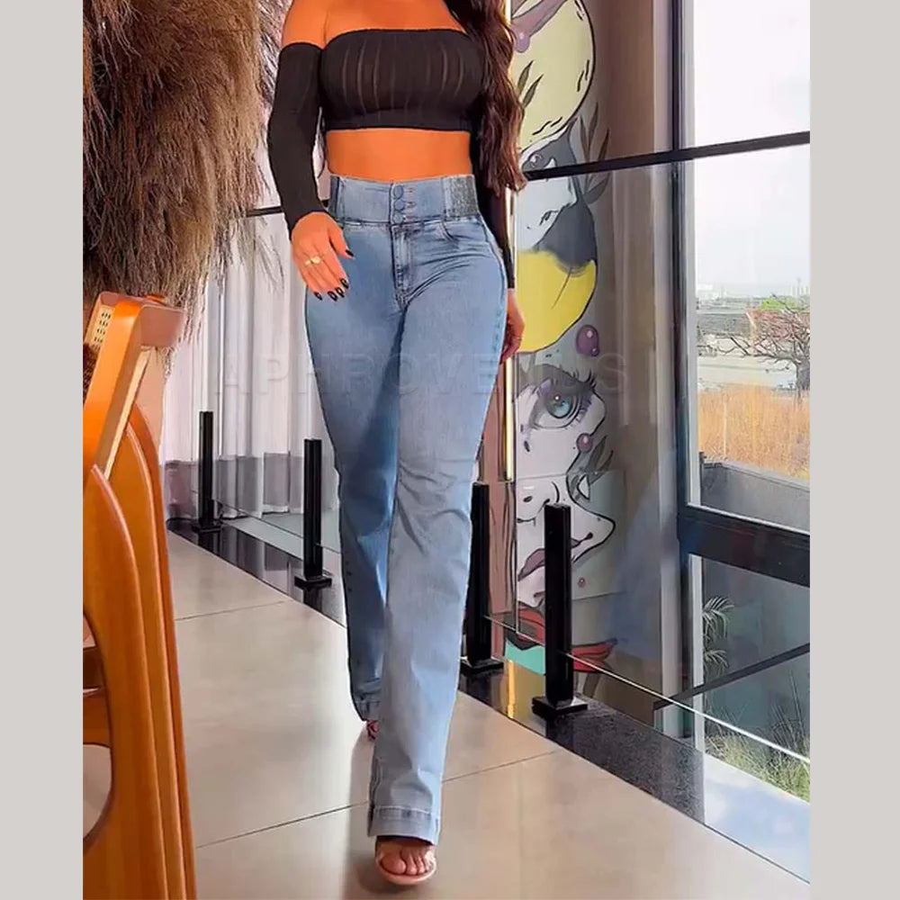 2024 Fashion Straight Elastic Jeans Women Mid Waist Skinny Denim Pants Y2K Trousers Shaping Butt Lift Slim-fit Jeans