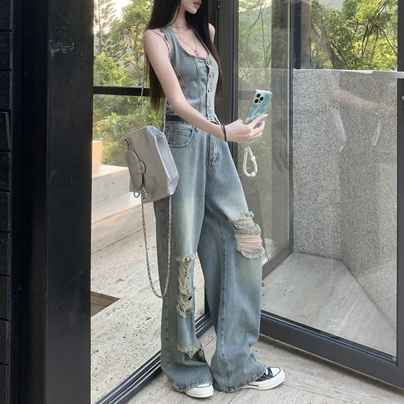 Women's Casual Denim Overalls Vintage Button Down Sexy Backless Holes Hollow Out Ripped Denim Full Pants Female 2024 New Jeans
