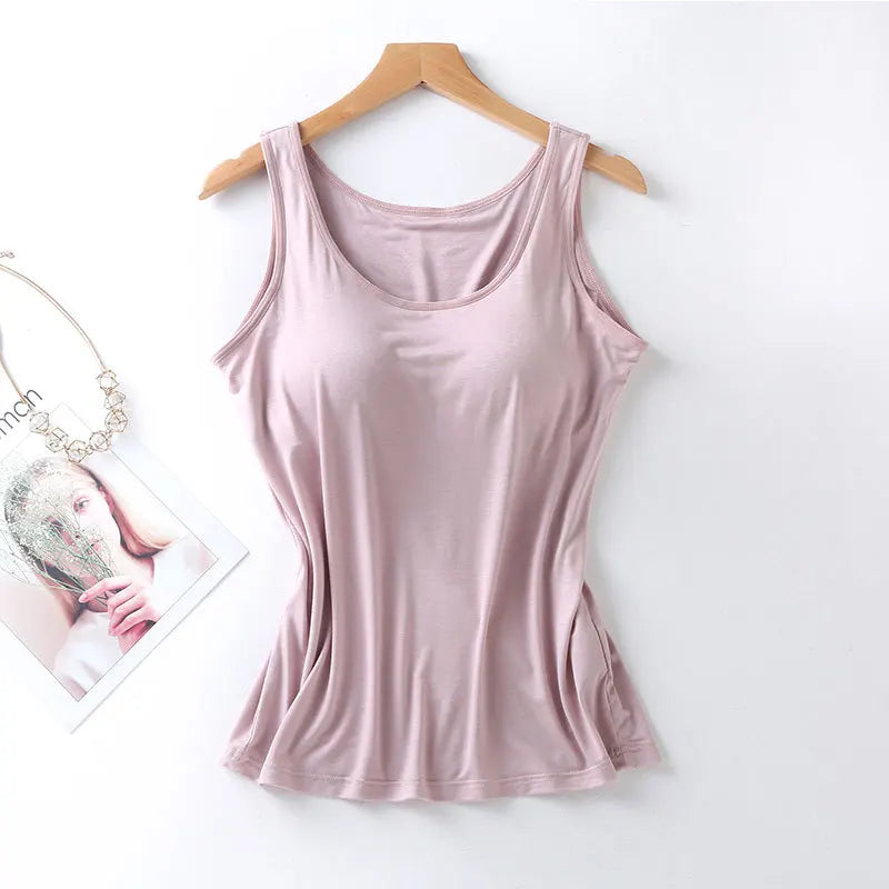 2023 Women's Vest Tops with Built In Bra Neck Vest Solid Color Padded Slim Fit Tank Tops Sexy Shirts Feminino Casual Tank Tops