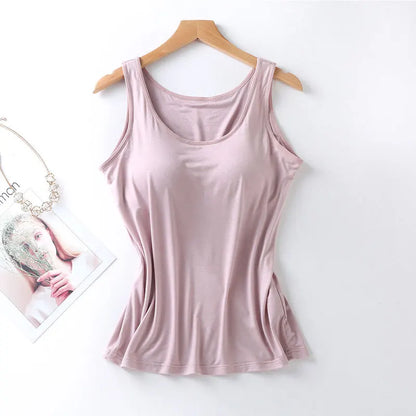 2023 Women's Vest Tops with Built In Bra Neck Vest Solid Color Padded Slim Fit Tank Tops Sexy Shirts Feminino Casual Tank Tops