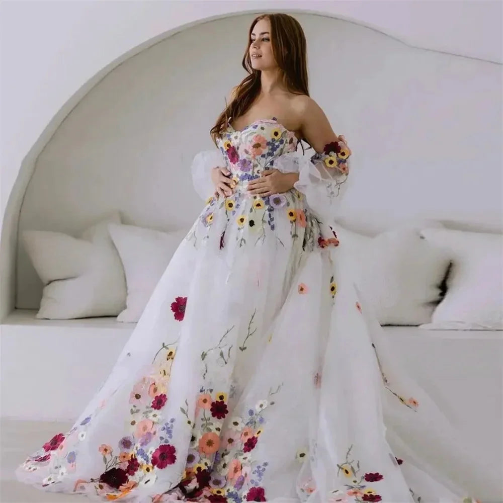 3d Flowers Puff Sleeves Bridal Dress Embroidery Floral Tulle Prom Dresses Wedding Party Dresses Vestidos De Noche