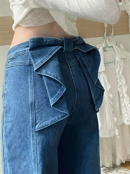 Women's Casual Bowknot Design Jeans Aesthetic Clothes Women Mid Waist Baggy Loose Trousers Fashion Ladies Denim Pants Streetwear