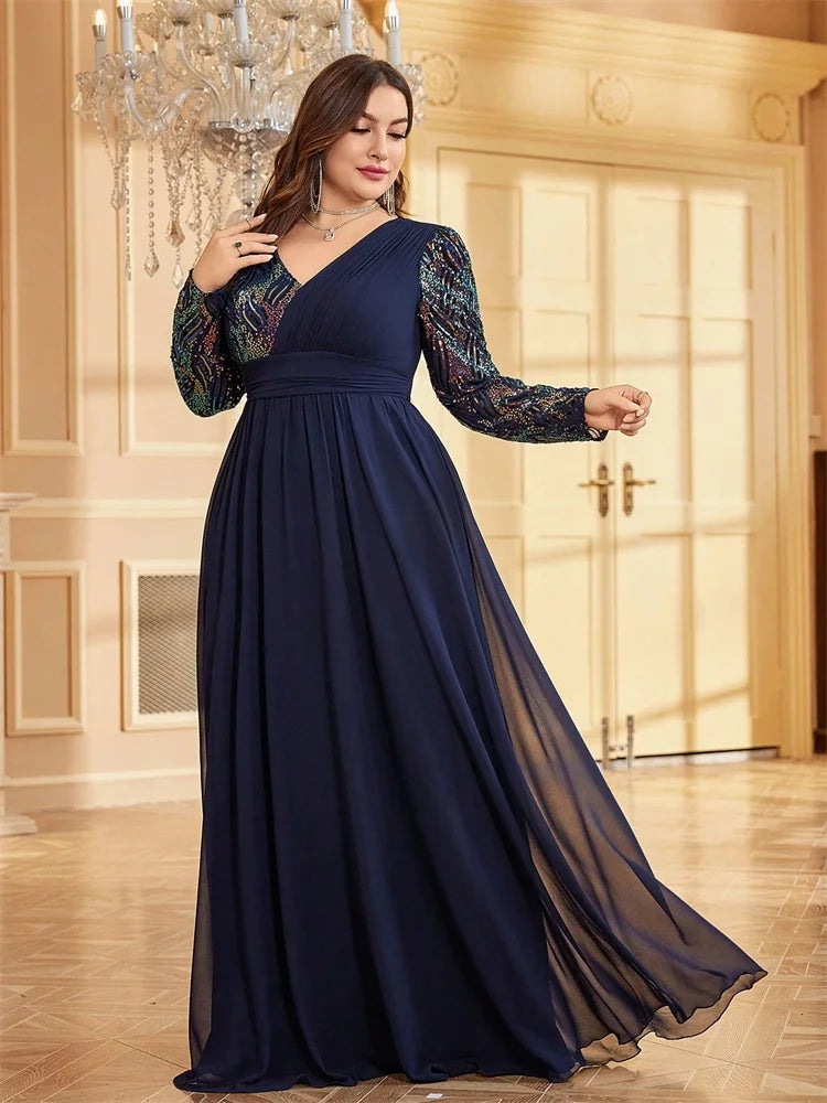 Plus Size Luxury Chiffon Long Sleeve Evening Dresses Women Sequin Red Wedding Party Cocktail Prom Floor Lenght Gowns