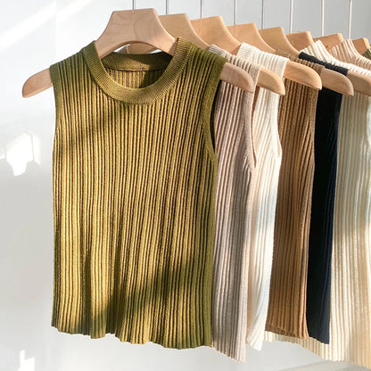 Sleeveless Blouse Shirt Women O-neck Rib Knit Vest Tank Plain Vest Tops Summer Female Basic Casual Tops Outfit