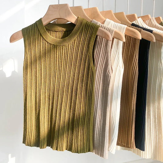 Sleeveless Blouse Shirt Women O-neck Rib Knit Vest Tank Plain Vest Tops Summer Female Basic Casual Tops Outfit