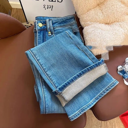 Flared Jeans for Women 25 Autumn Winter New Arrival Plus Velvet Elastic Retro Slim Sexy Petite Long Pants