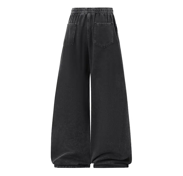 2025 New Elastic Waist Drawstring Solid Color Loose Fit Wide Leg Jeans Wide Leg Trendy High Waist Denim Pants for Men Women 3XL