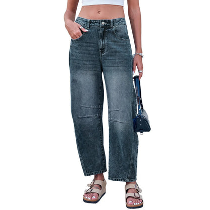 Women's Mid Rise Barrel Jeans For Women Wide Leg Mid Waist Cropped Denim Pants Baggy Boyfriend Jeans With Pockets New Wash