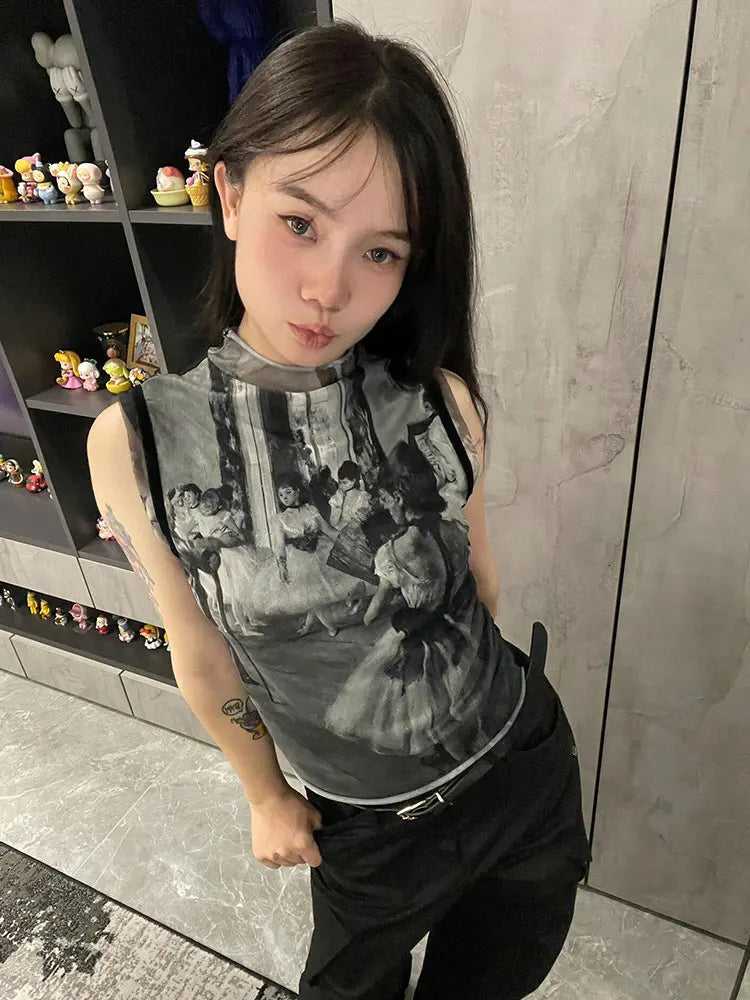 Genayooa Y2k Vintage Tank Tops Women Print Mesh Tops See Through Streetwear Sleeveless Tops Patchwork 2000s Japanese Tee Tops