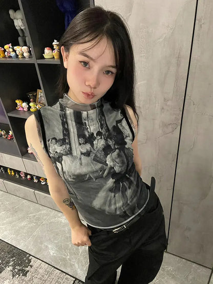 Genayooa Y2k Vintage Tank Tops Women Print Mesh Tops See Through Streetwear Sleeveless Tops Patchwork 2000s Japanese Tee Tops