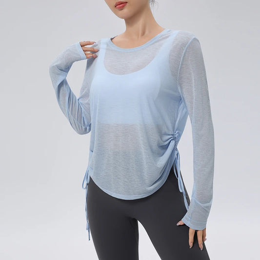 Thin Sunscreen Clothes Yoga Loose Top Drawstring Long Sleeve T-shirt Women's Gym Outdoor Exercise Clothing