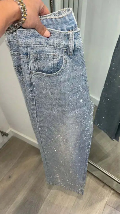 Jeans for Women Straight Diamonds Pants Stretch High Waist Washed Mom Jeans Vintage Denims Streetwear Y2k Streetwear Trousers