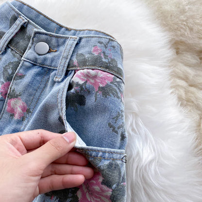 Flowers Print Jeans Women Vintage High Waist Denim Long Pants 2025 Fashion Autumn Casual Wide Leg Full Length Denim Trousers