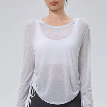 Thin Sunscreen Clothes Yoga Loose Top Drawstring Long Sleeve T-shirt Women's Gym Outdoor Exercise Clothing