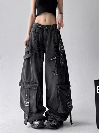 Women Vintage Black Gothic Cargo Jeans Streetwear Multi Pocket Retro Denim Pants 2025 Autumn High Street Wide Leg Trousers
