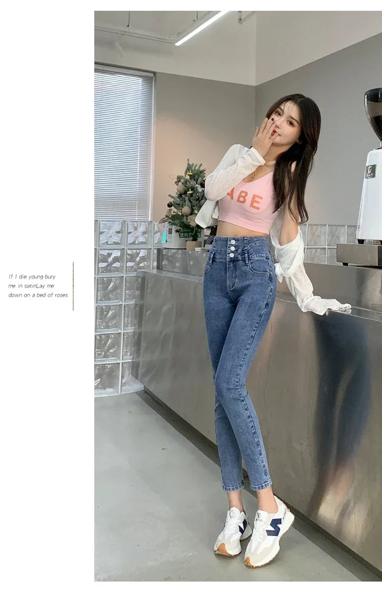 New Women's High Waist Stretch Jeans Blue Black Gray Fashionable and Versatile Multi-button Popular Slim Denim Long Pants Female