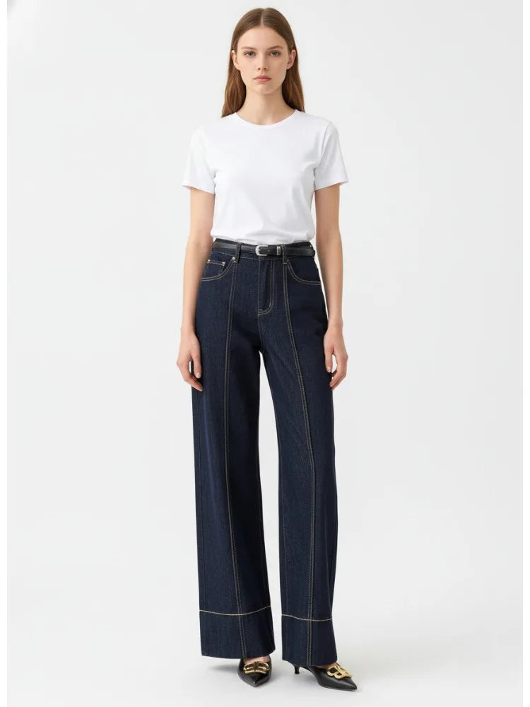 Missuoo Women's Denim Blue Wide Leg Jeans 2025 Autumn Fashion High Waist Floor Length Trousers Casual Streetwear Bottoms