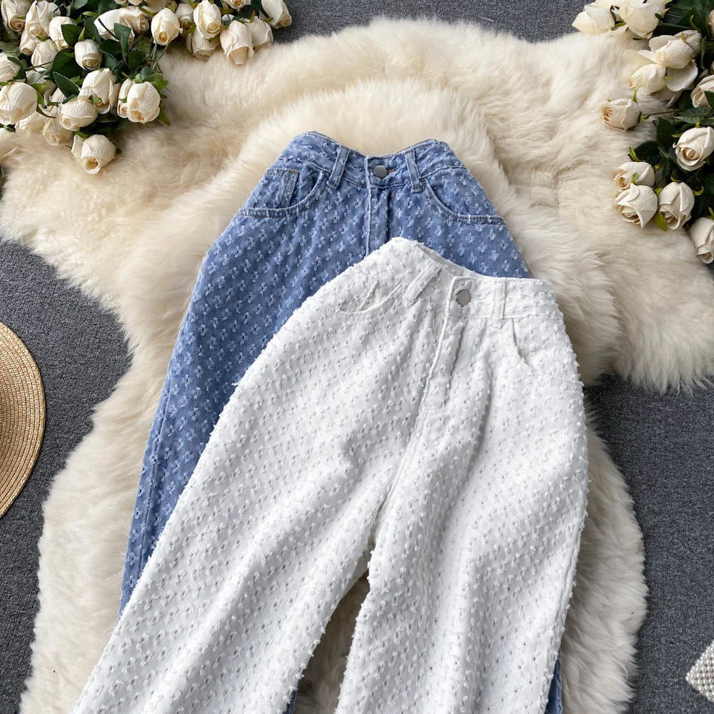 Ripped Jeans for Women Casual Streetwear New Spring Autumn High Waist Straight Leg Pants Fashion White Blue Denim Trousers