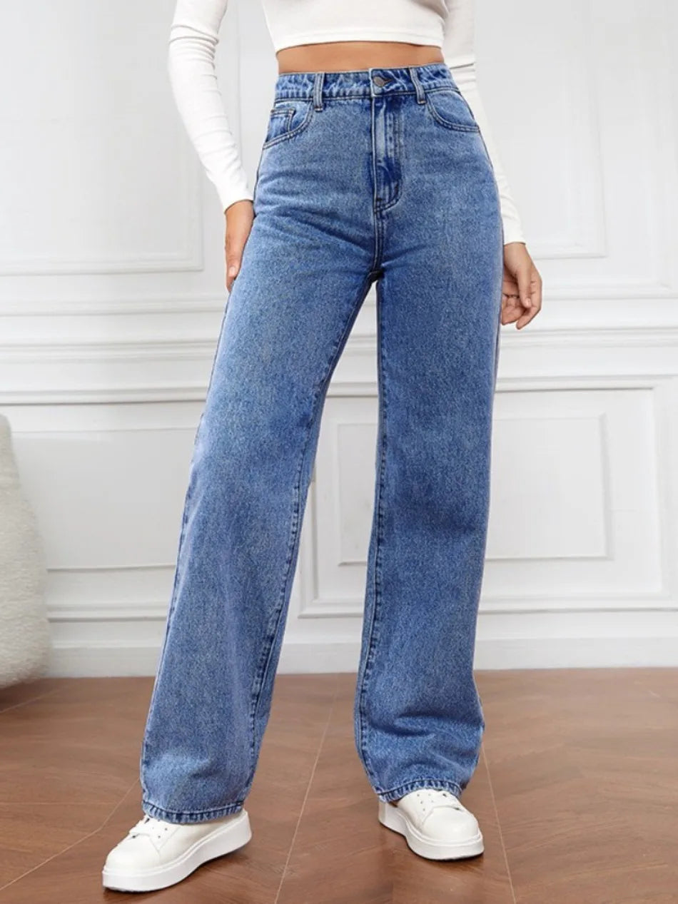 New in Jeans Women Straight Pants Washing High Waist Loose Pockets Basics Ankle Length Blue Denim Pants Streetwear Slight Strech