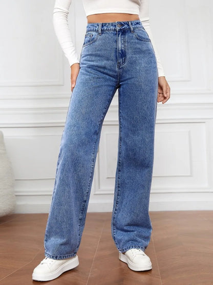 New in Jeans Women Straight Pants Washing High Waist Loose Pockets Basics Ankle Length Blue Denim Pants Streetwear Slight Strech