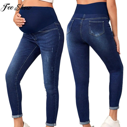 Pregnant Women High Waist Support Belly Jeans Maternity Hip Lifting Elastic Denim Pants Daily Work Wear Streetwear Loungewear