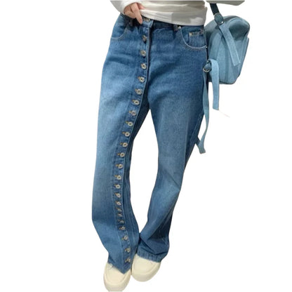 New Fashion Retro Design Multi Button Jeans For Women Slim High Waisted Straight Leg Wide Leg Pants