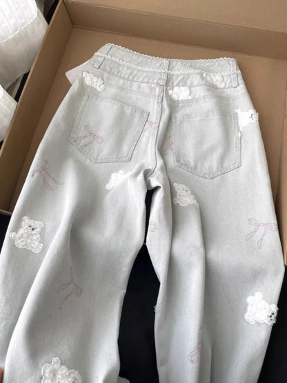 Vintage Women Jeans Streetwear Bear Embroidery Y2k Wide Leg Pants Pantalon Femme High Waist Straight Casual Chic Denim Trousers