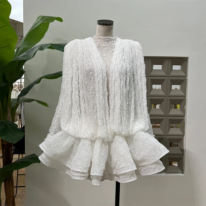 Chic Sheer Three Pieces Mini Dresses For Women Sexy O Neck Long Sleeve Tops Shorts Celebrity See Through Birthday Luxury Outfit