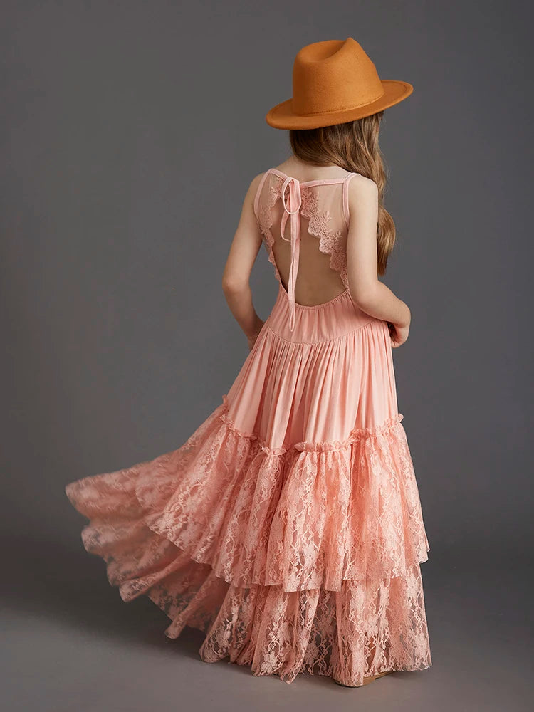 Plus Size Princess Girls Lace Long Dresses Baby Kids Flower Wedding Christmas Party Vestidos Children Clothing For 3-15 Years