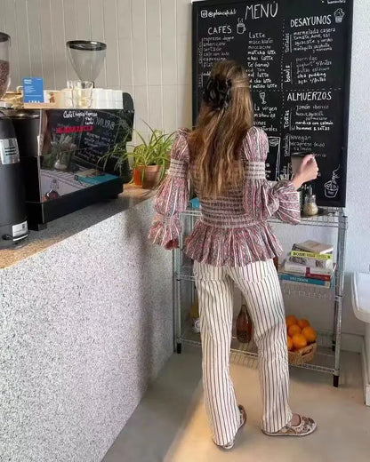 Women's Tops Vintage Plaids Elastic Pleated T Shirt Casual O Neck Long Sleeves Ruffles Hem Top Spring Chic Lady High Street Wear