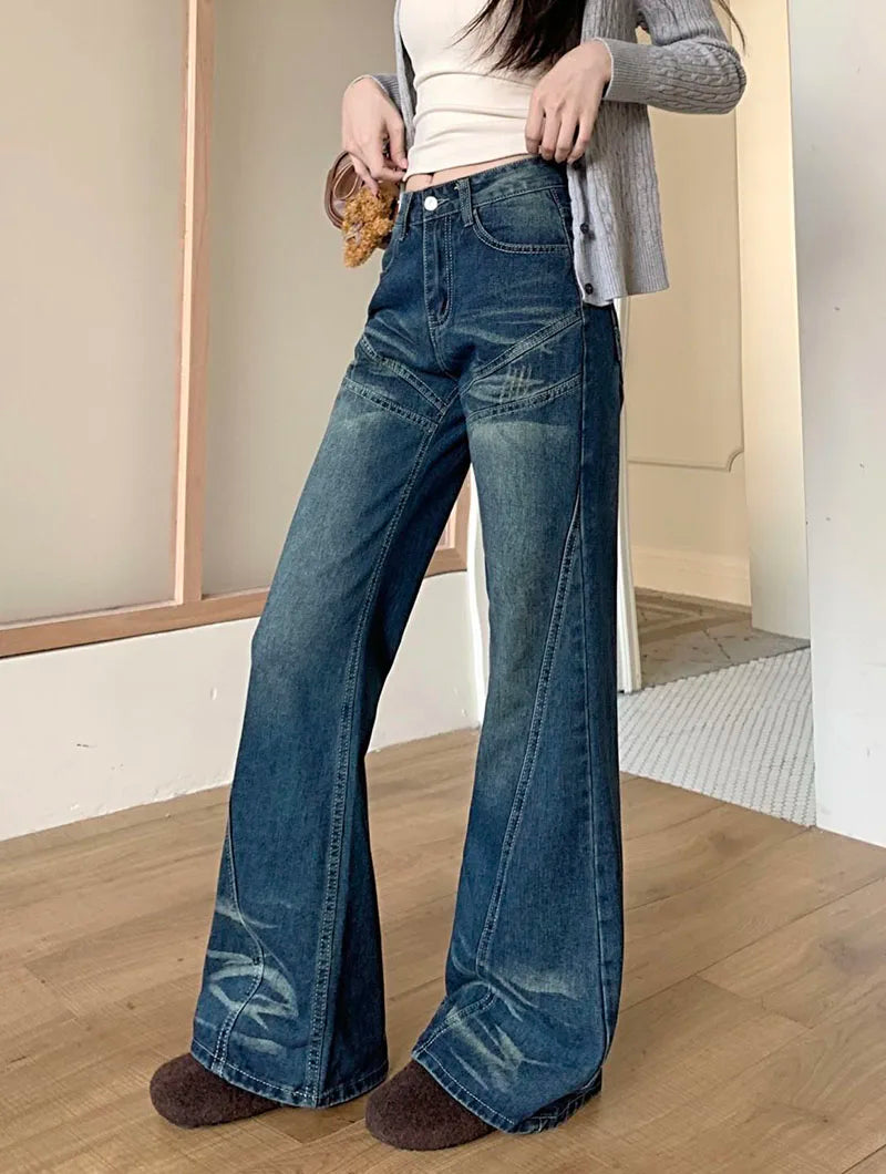 Woman High Waist Vintage Flare Jeans Korean Fashion Slimming Washed Denim Pants Women Y2K 2000S Streetwear Wide Leg Trousers
