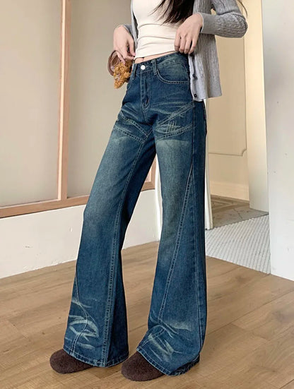 Woman High Waist Vintage Flare Jeans Korean Fashion Slimming Washed Denim Pants Women Y2K 2000S Streetwear Wide Leg Trousers