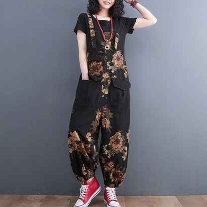 Women's Nine Split Jeans Overalls, Casual Female Print Jumpsuit, Loose Bloomers, Oversized Rompers, Suspenders, Fashion, Spring,