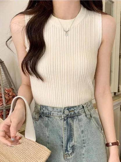 Sleeveless Blouse Shirt Women O-neck Rib Knit Vest Tank Plain Vest Tops Summer Female Basic Casual Tops Outfit
