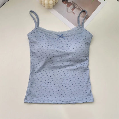 Women Floral Bow Knot Tops Summer Casual Sleeveless Ice Silk Bra Tops With Pad Sweet Lace Vest With Chest Cushion T Shirts 2024