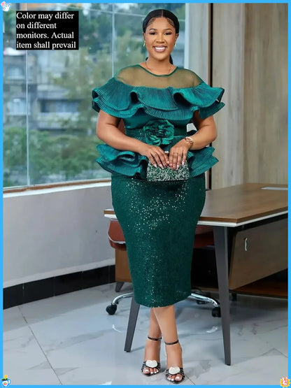 2026 New Plus Size European African Evening Dress Turkish Sequin Ruffle Long Dress Women Elegant Wedding Party Gown