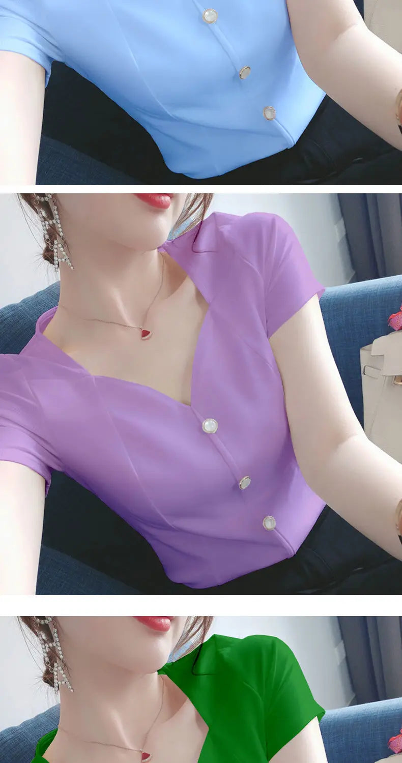 Womens Tops And Blouses Summer Short Sleeve Blouse Women Blusas Mujer De Moda 2022 Turtleneck Knitted Blouse Shirt Tops