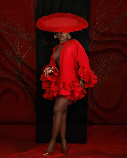 Chic Red Short Dress Women Formal Occasion Dresses Custom Made Deep V Neck Oversize Mini Wedding Guest Dress Party Night Gown