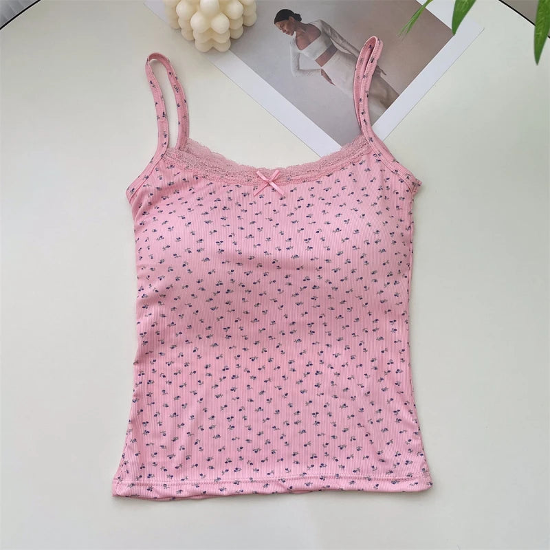 Women Floral Bow Knot Tops Summer Casual Sleeveless Ice Silk Bra Tops With Pad Sweet Lace Vest With Chest Cushion T Shirts 2024