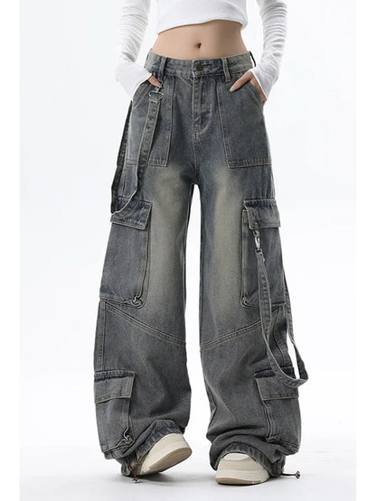 Women Blue Jeans Cargo Pants Streetwear High Waist Wide Leg Pants Fashion Y2K Style Female Winter Straight Trousers
