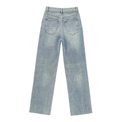 ETJ Wide-leg high-waisted jeans  women's classic everything with five pockets washed soft comfortable ultra-long jeans6045022